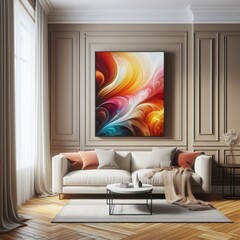 A living room with a template mockup poster empty white and with a painting on the wall art attractive lively card design.