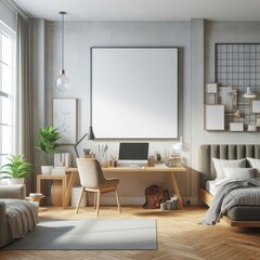 A Room with a template mockup poster empty white and with a bed and a desk and a chair art harmony lively used for printing.