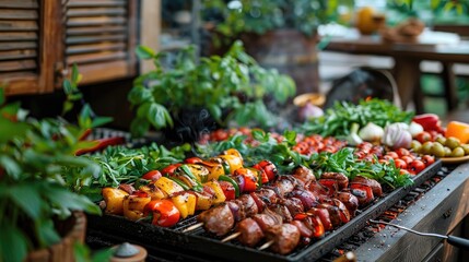 Vibrant Outdoor Barbecue Grill with Vegetables and Meats