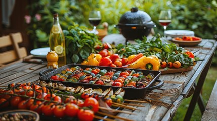 Colorful Outdoor Summer BBQ Gathering with Fresh Vegetables and Grilled Foods