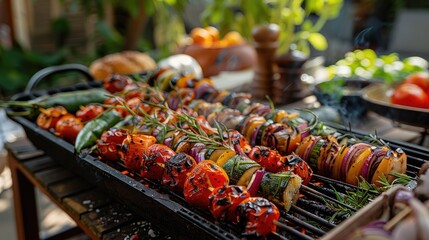 Grilled Vegetable Skewers on Outdoor Barbecue in Summer