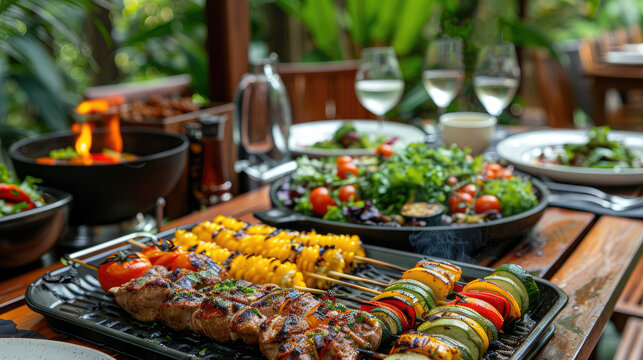 Gourmet Backyard Barbecue with Grilled Skewers and Fresh Salad on a Sunny Patio