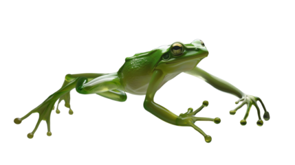 An emerald glass frog depicted in a dynamic pose, its limbs outstretched and muscles tensed as it prepares to jump.Isolated on a transparent background.