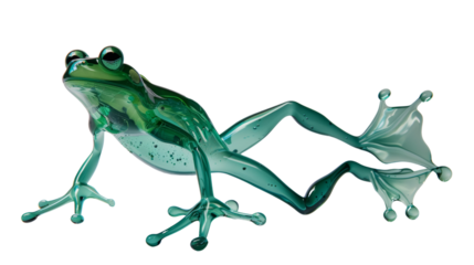 An emerald glass frog depicted in a dynamic pose, its limbs outstretched and muscles tensed as it prepares to jump.Isolated on a transparent background.