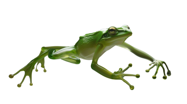 An emerald glass frog depicted in a dynamic pose, its limbs outstretched and muscles tensed as it prepares to jump.Isolated on a transparent background.