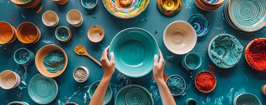 DIY pottery session for art graduates, top view  Molding futures, digital tone, Triadic Color Scheme