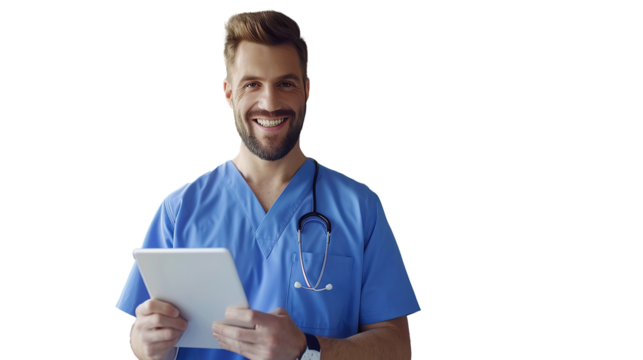 Cheerful handsome surgeon doctor man in blue uniform holding digital tablet computer, looking at camera, smiling. Transparent, isolated on white.