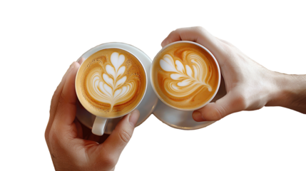 Human hands holding cups of coffee with latte art. top view. Transparent, isolated on white.