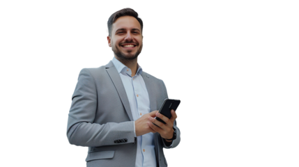 Portrait of attractive confident modern smiling happy adult dressed gray suit man holding a phone. Transparent, isolated on white.