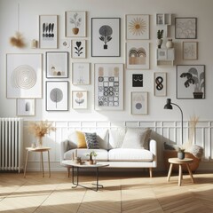 Obraz premium A Room with a template mockup poster empty white and with a couch and pictures on the wall image realistic attractive lively.