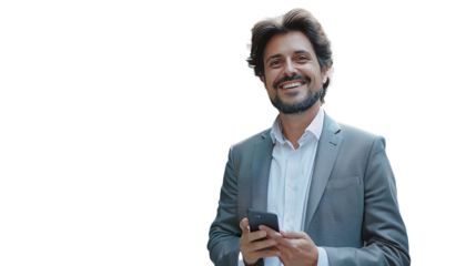 Portrait of attractive confident modern smiling happy adult dressed gray suit man holding a phone. Transparent, isolated on white.