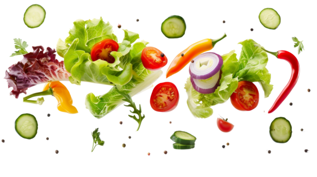A vibrant salad composition, featuring a rainbow of colors from bell peppers, carrots, radishes, and red onions, suspended in the air, Isolated on a transparent background.