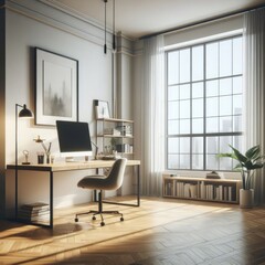 A Room with a template mockup poster empty white and with a desk and a computer art realistic harmony lively.
