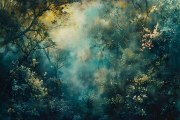 Enchanted Forest Landscape Showcasing Nature's Resilience Through a Dreamlike Blend of Watercolor Textures and Digital Enhancements
