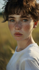 A smiling boy with messy hair enjoys a summer day outdoors  Have freckles on the face, generative AI.