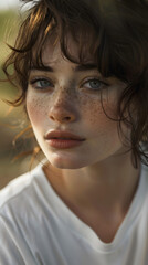 Close-up of a woman with a beautiful smile Have freckles on the face, generative AI.