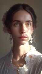 A beautiful brunette model with a confident gaze poses in a studio setting, generative AI.
