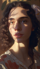 A beautiful brunette model with dark makeup poses elegantly in a studio ,generative AI.