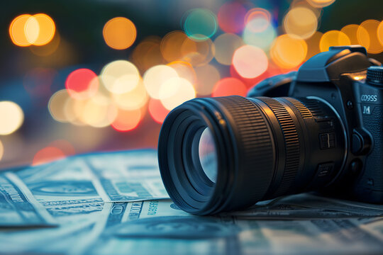 A digital camera rests atop scattered US dollar bills, symbolizing the financial aspects of the photography industry