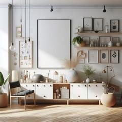 A Room with a template mockup poster empty white and with a white cabinet and a chair and a picture frame art realistic harmony lively.
