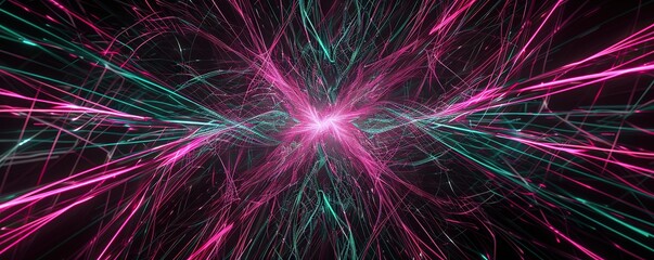 An expansive view of electric pink and turquoise lines weaving a dynamic plexus over a black background