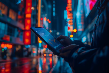 A person checks financial data on a smartphone amid a neon-lit urban setting, showcasing the blend of technology and finance in modern life
