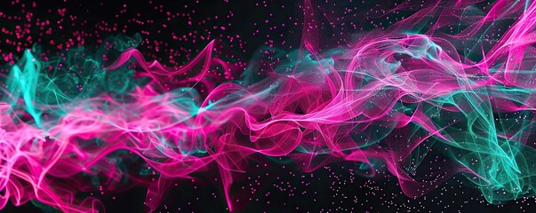 An expansive view of electric pink and bright turquoise lines weaving a dynamic plexus over a black background