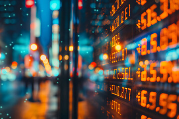 Glowing stock market numbers on digital displays with a blurred cityscape background, highlighting the fast-paced nature of finance