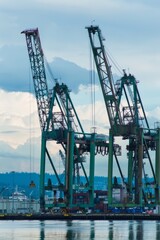 Obraz premium Harbor cranes towering over the waterfront, lifting heavy cargo from ships onto waiting trucks and trains, Generative AI