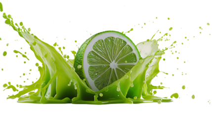 An image of a fresh lime slice with vibrant green juice droplets spraying in all directions, Isolated on white background.