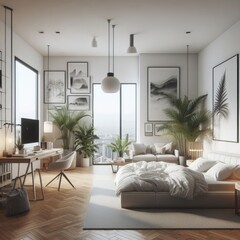 Fototapeta premium Bedroom sets have template mockup poster empty white with a desk and Bedroom interior art photo attractive lively used for printing.