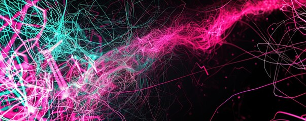 An expansive view of electric pink and bright turquoise lines weaving a dynamic plexus over a black background