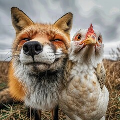 The chicken and the fox are friends with each other. The unity of opposites. Close-up shooting.