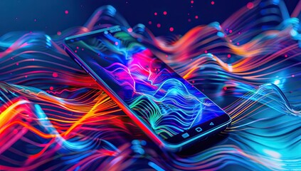 A smartphone in multicolored waves. A banner for the design.