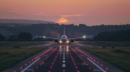 A passenger plane on the runway against the background of sunset. The concept of a pleasant journey.