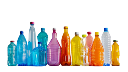 A group of colorful, empty plastic bottles of various shapes and sizes arranged in a pyramid formation against a clean. Isolated on white background.