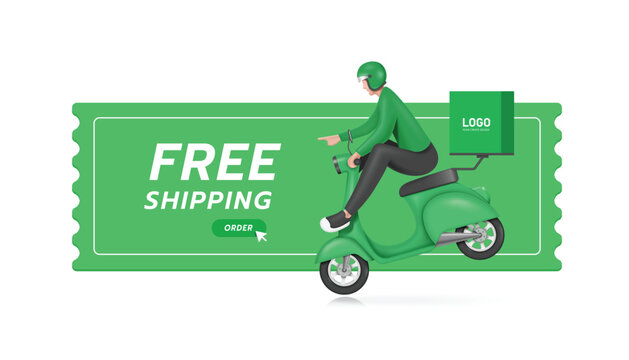 motorcycle or scooter food delivery rider in green uniform break his vehicle and points forward after seeing a free shipping promotion label, vector 3d isolated for delivery advertising concept design