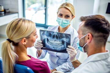 Obraz premium Image of doctor or dentist presenting with tooth x-ray film recommend patient in the treatment of dental and dentistry, working at workplace