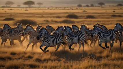 Herd of Zebras Galloping in Golden Savanna Light