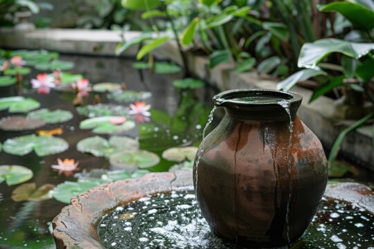 A vintage clay jug repurposed as a water feature, bubbling gently among water lilies in a tranquil pond - Powered by Adobe