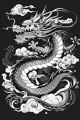 Majestic Dragon in Traditional Japanese Ink Wash Style with Swirling Clouds and Waves on Black Background