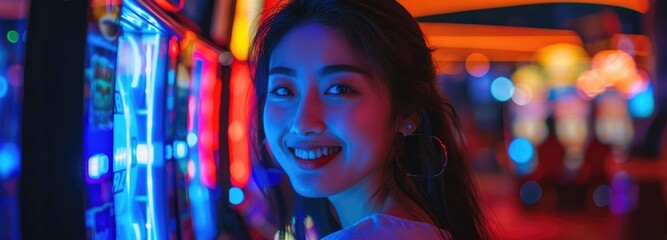 Happy young woman smiling near slot machines in a casino. Generative AI
