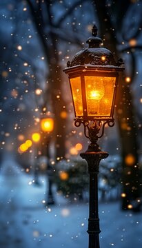 streetlight lit snow gaslight capital city golden embers flying bloom lighting walking down details serendipity