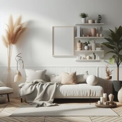 living room with a template mockup poster empty white and With Couch And Plants image art photo lively has illustrative meaning.