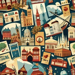 Fototapeta premium Seamless pattern of vintage postcards showcasing architectural marvels and historic buildings, Generative AI