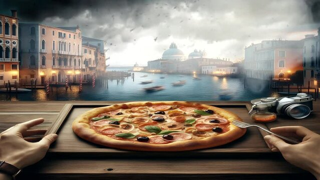 Looping time lapse animation of Quattro Formaggi pizza and Piazza San Marco in Venice, cheesy and historic