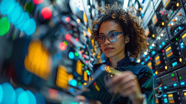 Female IT professional in a server room, examining binary code on a tablet amidst racks of data equipment