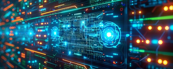 Glowing energy grid map on a holographic interface, tech office background, neon blue and green, 3D