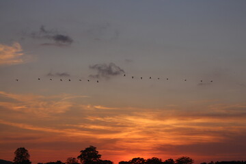Sunset Sky Clouds in the evening with Red, Orange, Yellow and purple sunlight on Golden hour after sundown, Romantic sky in summer on Dusk Twilight