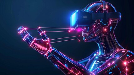 Elbows connecting to a virtual reality interface, side view  VR connection, scifi tone, Analogous Color Schem